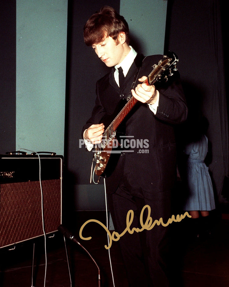 Johnny Cash autograph print featuring the Man in Black playing guitar