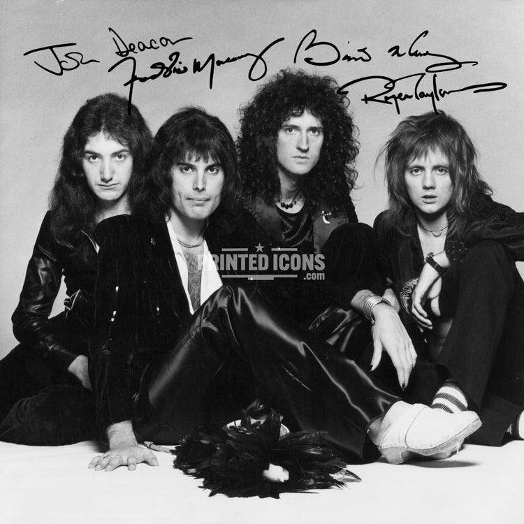 Queen band autograph print featuring Freddie Mercury, Brian May, Roger Taylor and John Deacon