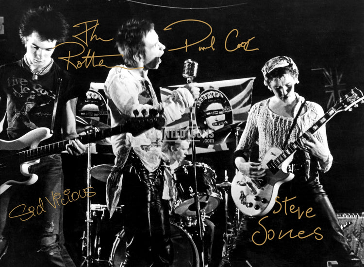 Sex Pistols autograph print featuring Johnny Rotten Sid Vicious and band