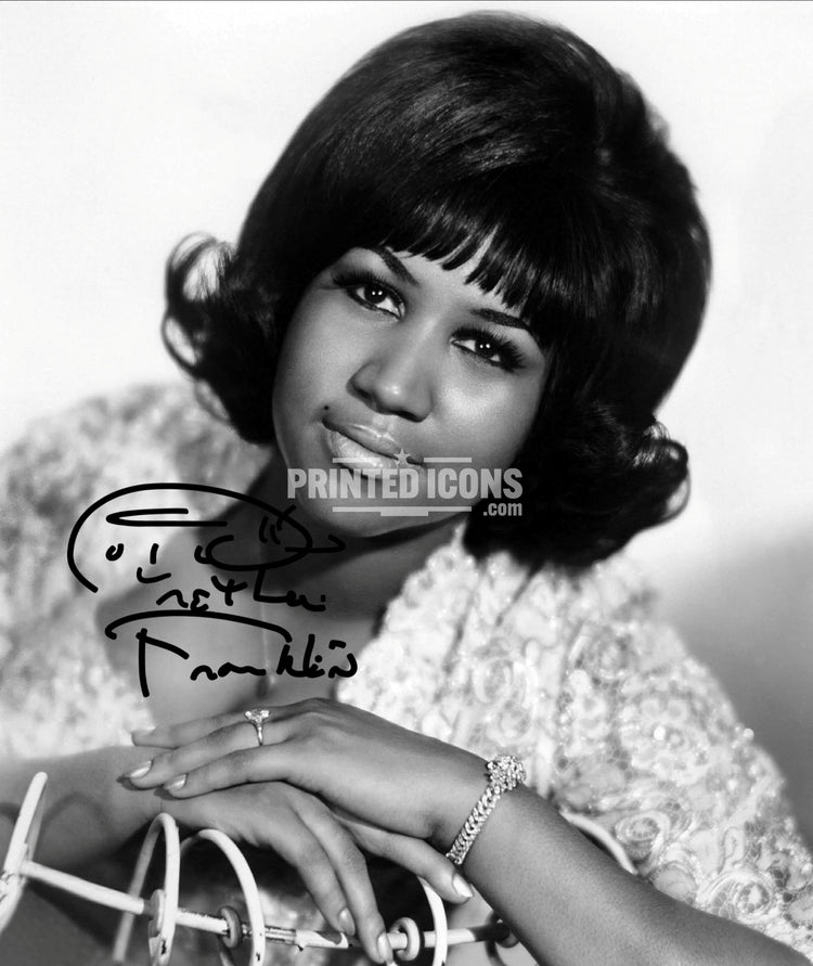 Aretha Franklin signed photo print displayed as vintage music wall art