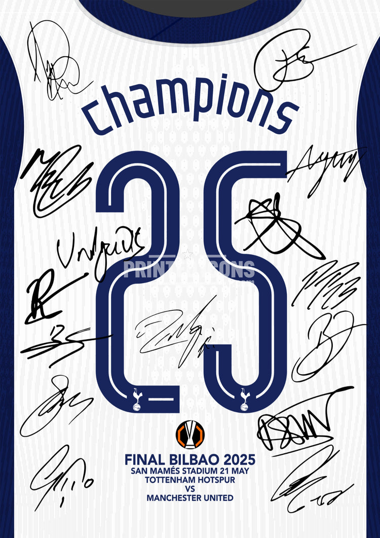 Tottenham Hotspur 2025 Europa League Champions multi-signed-style squad print