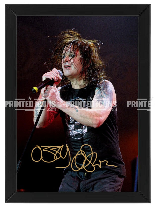 Ozzy Osbourne live autograph print displayed in black frame. Black Sabbath