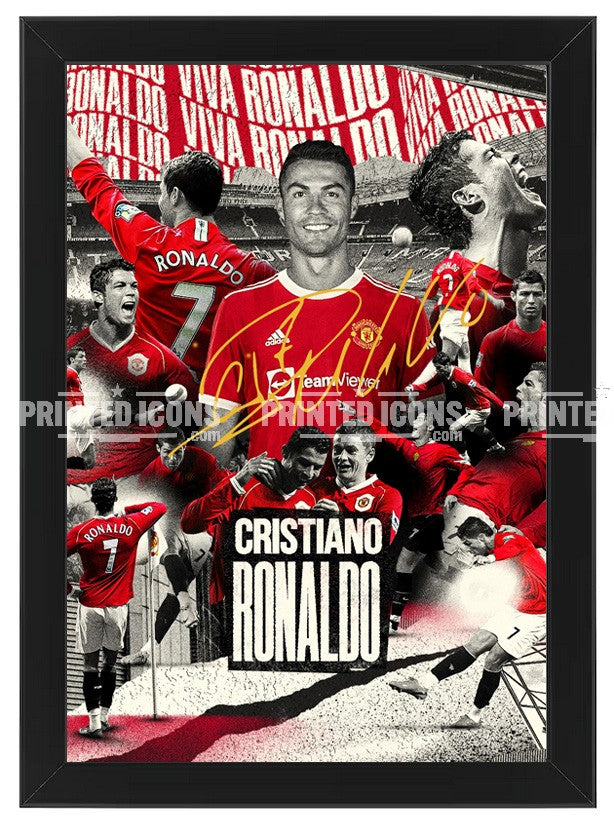 Signed (printed photo) of  Cristiano Ronaldo playing for Manchester United. A printed autograph taken from a genuine, certified (certificate of authenticity) autograph. A stunning signature. The print is available in a range of sizes with various framing options available. Cristiano Ronaldo is the all time GOAT, having played for Real Madrid, Juventus and Al-Nassr. He is also an icon for Portugal.
