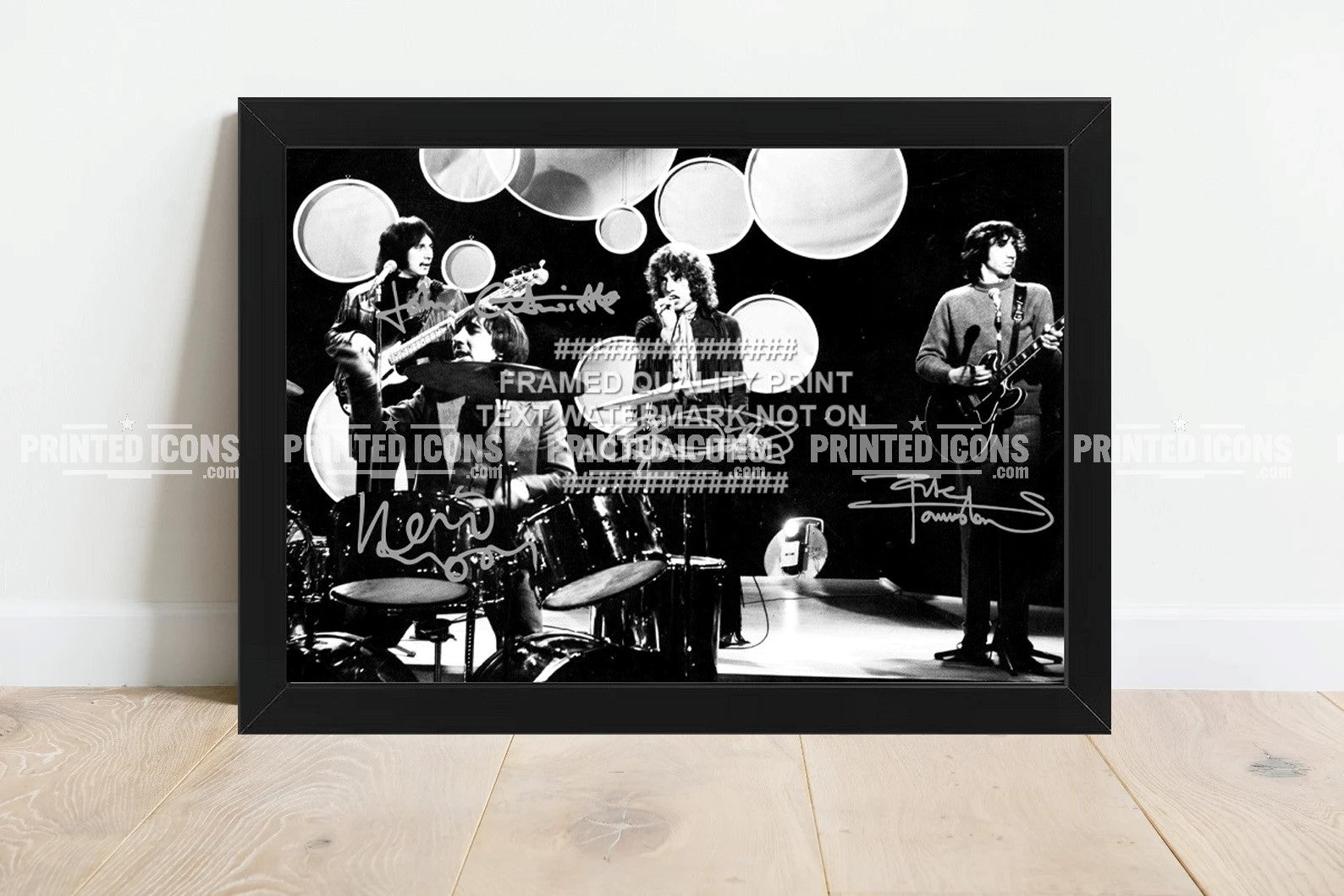 Signed (printed photo) of The Who. Featuring autographs of lead vocalist Roger Daltrey, guitarist Pete Townshend, bassist John Entwistle, and drummer Keith Moon.

 A printed autograph taken from a genuine, certified (certificate of authenticity) autograph. A stunning signature. The print is available in a range of sizes with various framing options available. 