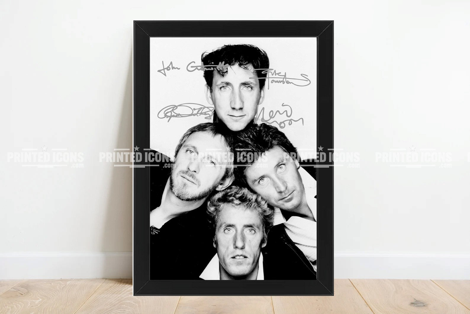 Signed (printed photo) of The Who. Featuring autographs of lead vocalist Roger Daltrey, guitarist Pete Townshend, bassist John Entwistle, and drummer Keith Moon.

 A printed autograph taken from a genuine, certified (certificate of authenticity) autograph. A stunning signature. The print is available in a range of sizes with various framing options available. 