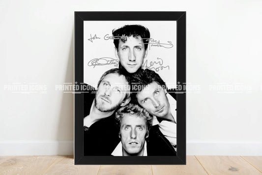 Signed (printed photo) of The Who. Featuring autographs of lead vocalist Roger Daltrey, guitarist Pete Townshend, bassist John Entwistle, and drummer Keith Moon.

 A printed autograph taken from a genuine, certified (certificate of authenticity) autograph. A stunning signature. The print is available in a range of sizes with various framing options available. 