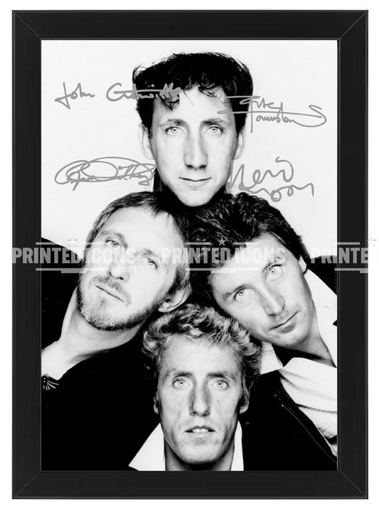 Signed (printed photo) of The Who. Featuring autographs of lead vocalist Roger Daltrey, guitarist Pete Townshend, bassist John Entwistle, and drummer Keith Moon.

 A printed autograph taken from a genuine, certified (certificate of authenticity) autograph. A stunning signature. The print is available in a range of sizes with various framing options available. 