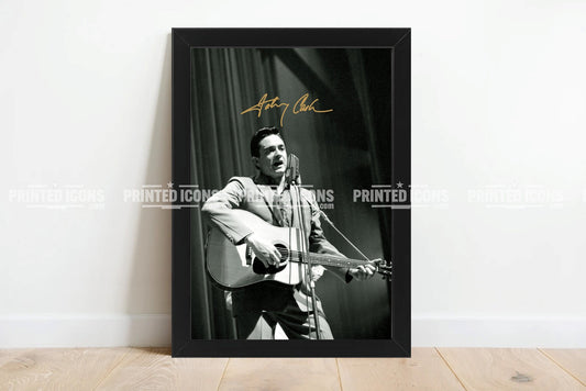 Signed (printed photo) of Johnny Cash. A printed autograph taken from a genuine, certified (certificate of authenticity) autograph. A stunning signature. The print is available in a range of sizes with various framing options available. 