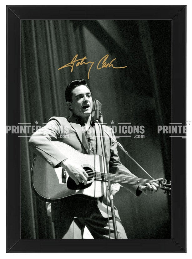 Signed (printed photo) of Johnny Cash. A printed autograph taken from a genuine, certified (certificate of authenticity) autograph. A stunning signature. The print is available in a range of sizes with various framing options available. 