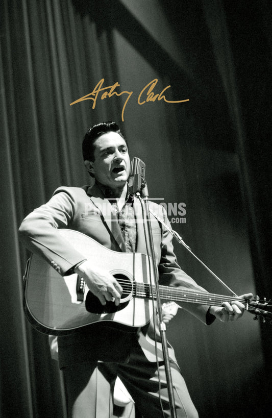 Signed (printed photo) of Johnny Cash. A printed autograph taken from a genuine, certified (certificate of authenticity) autograph. A stunning signature. The print is available in a range of sizes with various framing options available. 