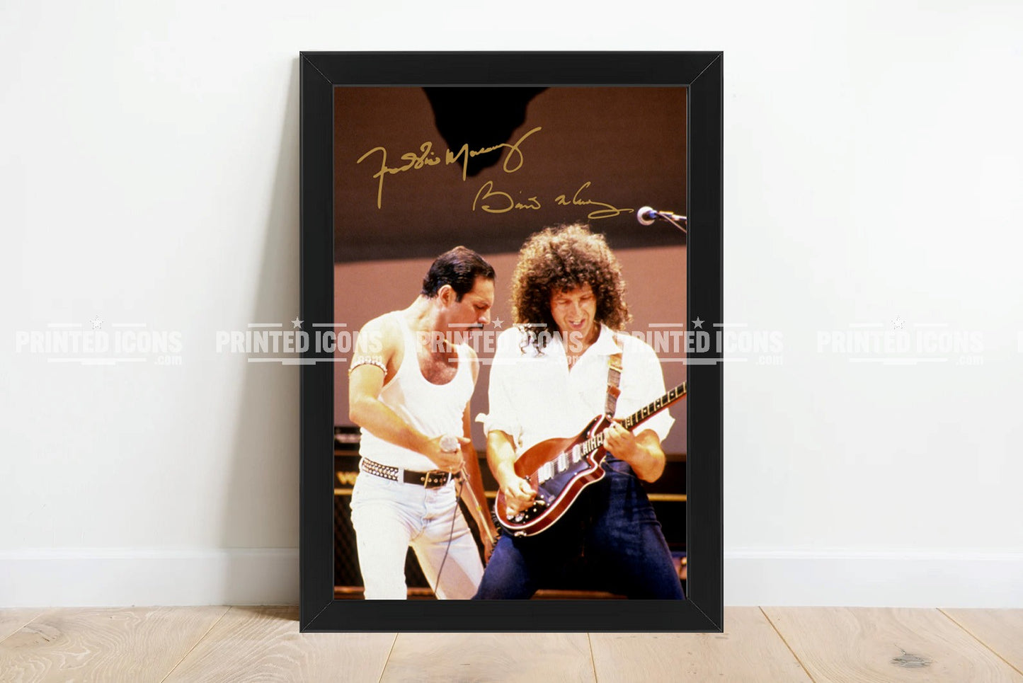 Signed (printed photo) of Freddie Mercury and Brian May of Queen performing at Live Aid. A printed autograph taken from a genuine, certified (certificate of authenticity)  autograph. A stunning signature. The print is available in a range of sizes with various framing options available. A framed photo version is the perfect gift for any fan.