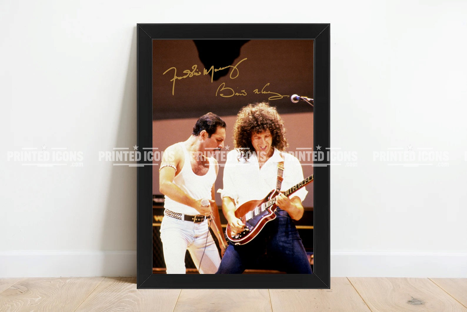 Signed (printed photo) of Freddie Mercury and Brian May of Queen performing at Live Aid. A printed autograph taken from a genuine, certified (certificate of authenticity)  autograph. A stunning signature. The print is available in a range of sizes with various framing options available. A framed photo version is the perfect gift for any fan.