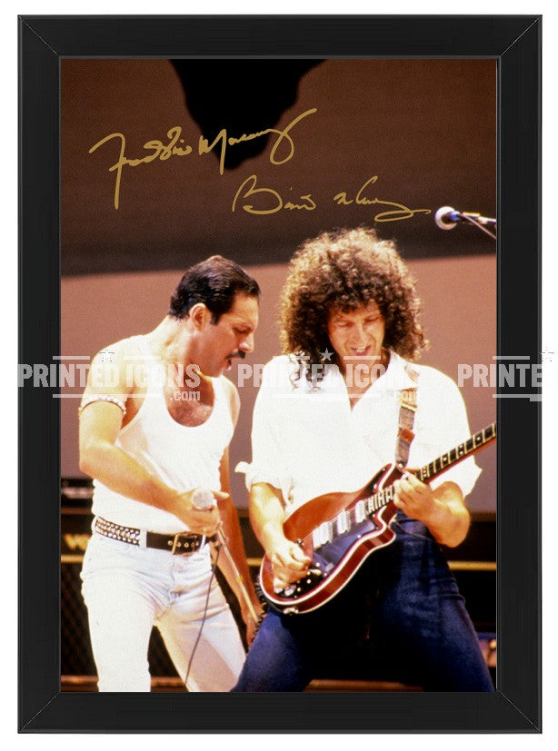 Signed (printed photo) of Freddie Mercury and Brian May of Queen performing at Live Aid. A printed autograph taken from a genuine, certified (certificate of authenticity)  autograph. A stunning signature. The print is available in a range of sizes with various framing options available. A framed photo version is the perfect gift for any fan.
