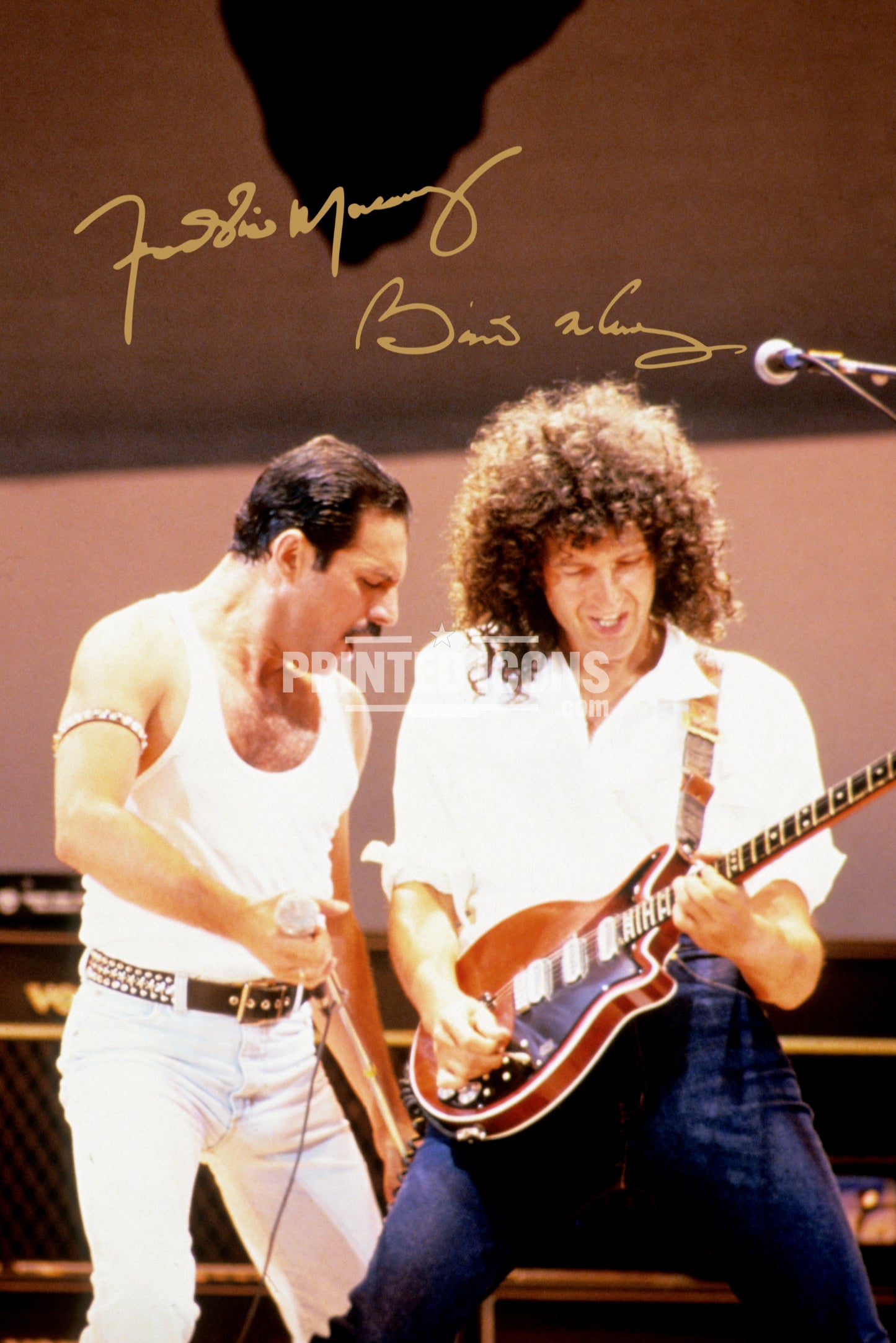 Signed (printed photo) of Freddie Mercury and Brian May of Queen performing at Live Aid. A printed autograph taken from a genuine, certified (certificate of authenticity)  autograph. A stunning signature. The print is available in a range of sizes with various framing options available. A framed photo version is the perfect gift for any fan.
