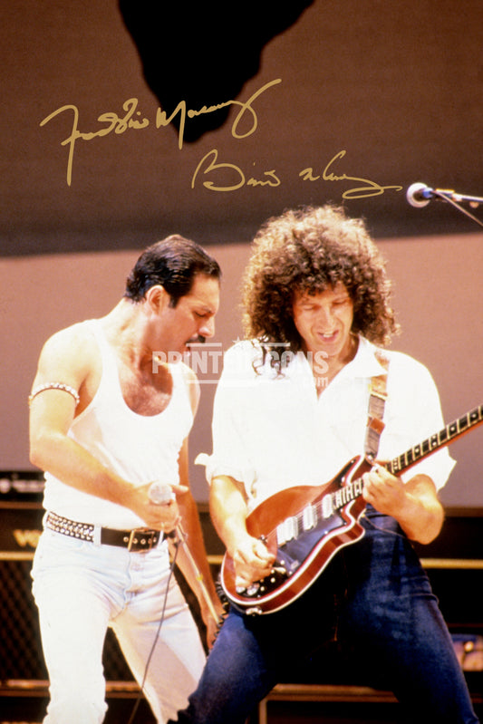 Freddie Mercury and Brian May performing together at Live Aid autograph print