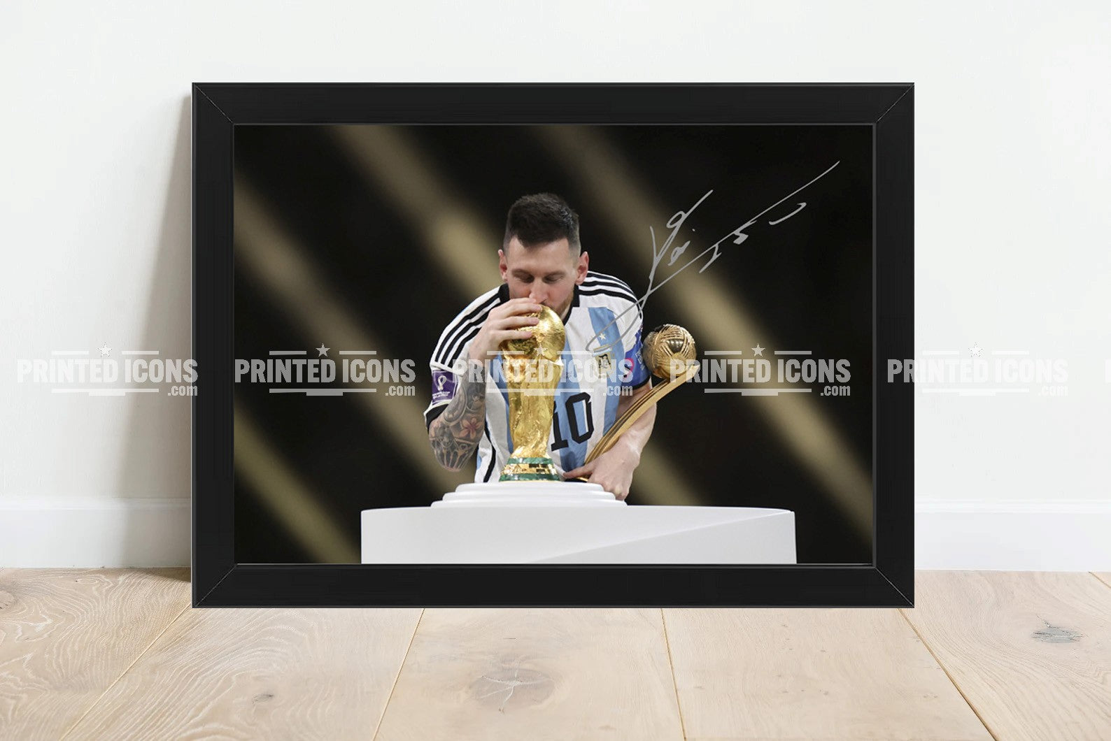 Signed (printed photo) of Lionel Messi playing for Argentina during the 2022 World Cup. He is holding the 2022 World Cup. A printed autograph taken from a genuine, certified (certificate of authenticity) autograph. A stunning signature. The print is available in a range of sizes with various framing options available.  Lionel Messi currently plays for Inter Miami but has previously played for Barcelona and PSG.