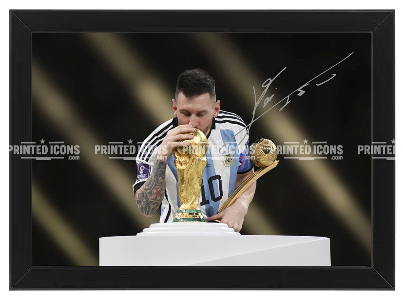 Signed (printed photo) of Lionel Messi playing for Argentina during the 2022 World Cup. He is holding the 2022 World Cup. A printed autograph taken from a genuine, certified (certificate of authenticity) autograph. A stunning signature. The print is available in a range of sizes with various framing options available.  Lionel Messi currently plays for Inter Miami but has previously played for Barcelona and PSG.