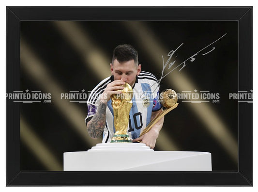 Signed (printed photo) of Lionel Messi playing for Argentina during the 2022 World Cup. He is holding the 2022 World Cup. A printed autograph taken from a genuine, certified (certificate of authenticity) autograph. A stunning signature. The print is available in a range of sizes with various framing options available.  Lionel Messi currently plays for Inter Miami but has previously played for Barcelona and PSG.