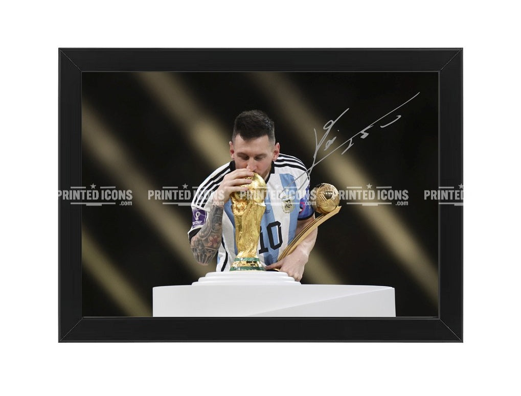 Lionel Messi World Cup trophy signed print with reproduced autograph