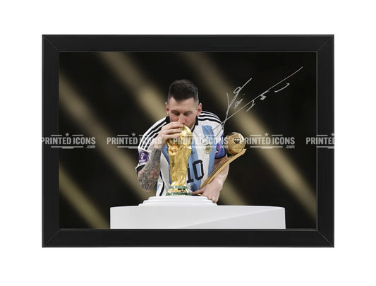 Lionel Messi World Cup trophy signed print with reproduced autograph