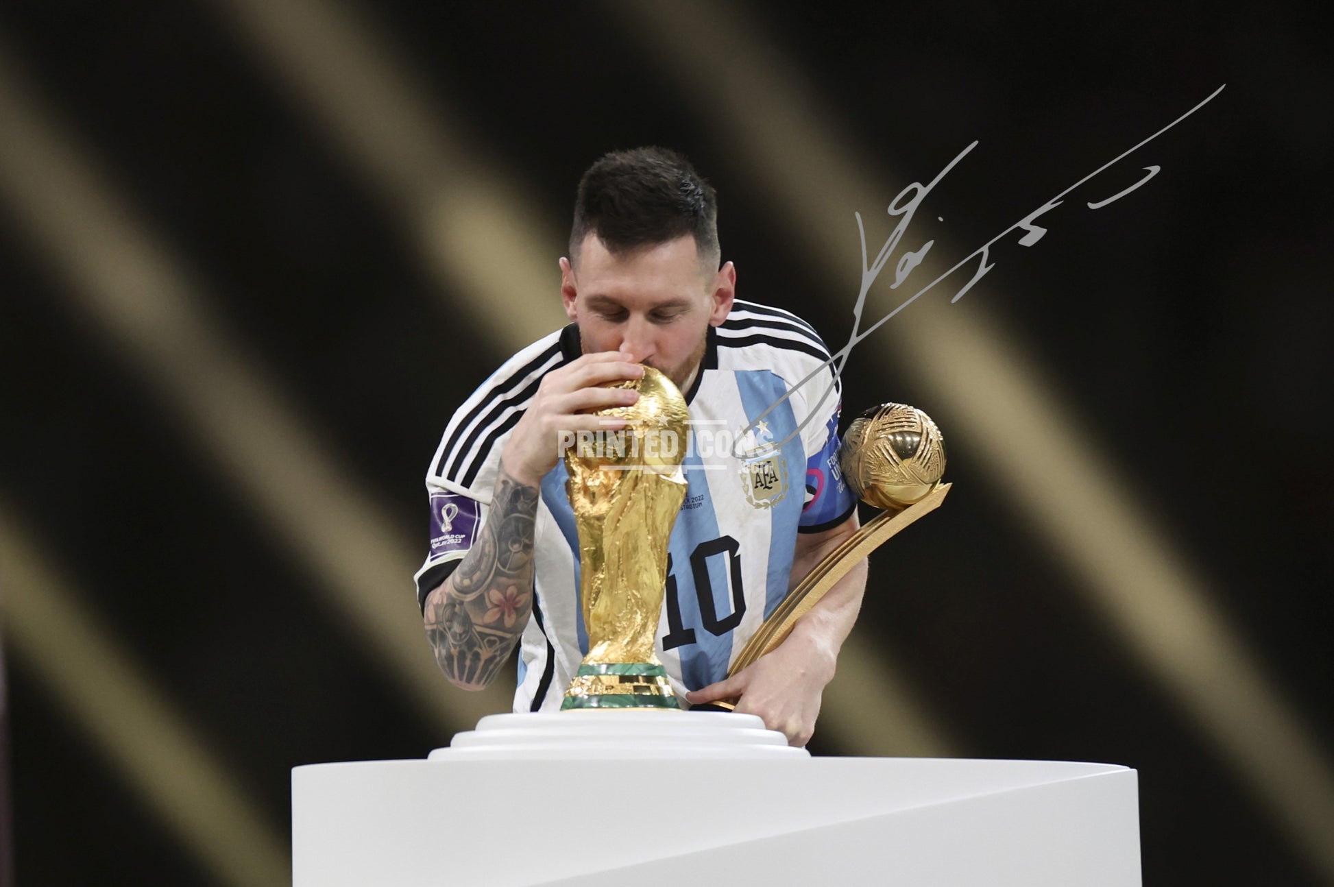 Signed (printed photo) of Lionel Messi playing for Argentina during the 2022 World Cup. He is holding the 2022 World Cup. A printed autograph taken from a genuine, certified (certificate of authenticity) autograph. A stunning signature. The print is available in a range of sizes with various framing options available.  Lionel Messi currently plays for Inter Miami but has previously played for Barcelona and PSG.
