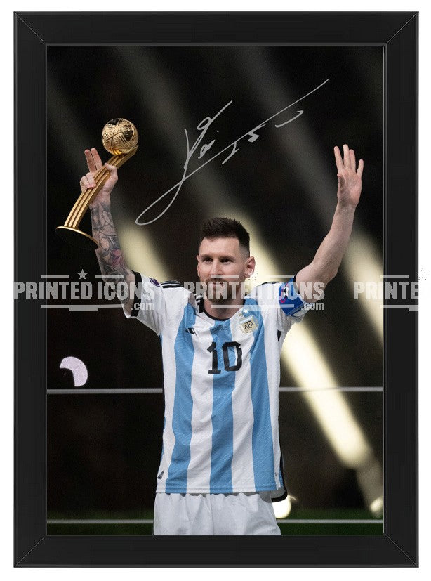 Signed (printed photo) of Lionel Messi playing for Argentina during the 2022 World Cup. He is holding the 2022 World Cup. A printed autograph taken from a genuine, certified (certificate of authenticity) autograph. A stunning signature. The print is available in a range of sizes with various framing options available.  Lionel Messi currently plays for Inter Miami but has previously played for Barcelona and PSG.
