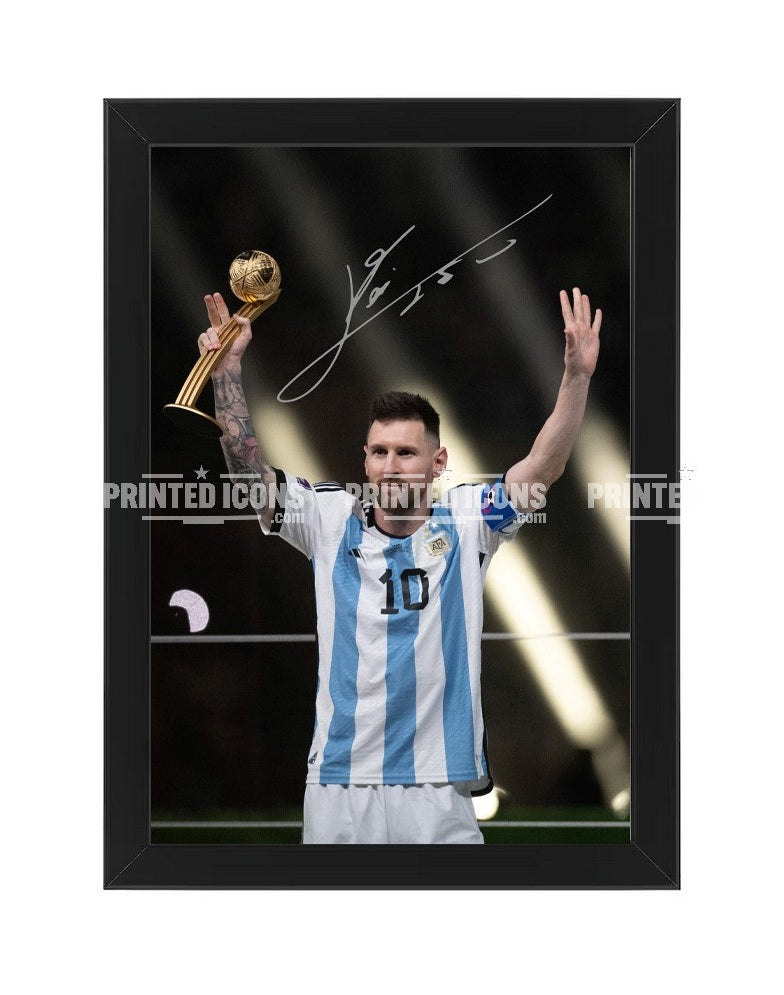Messi Argentina 2022 World Cup trophy printed autograph photo