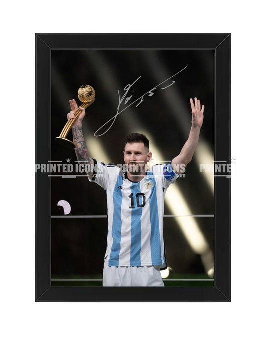 Messi Argentina 2022 World Cup trophy printed autograph photo