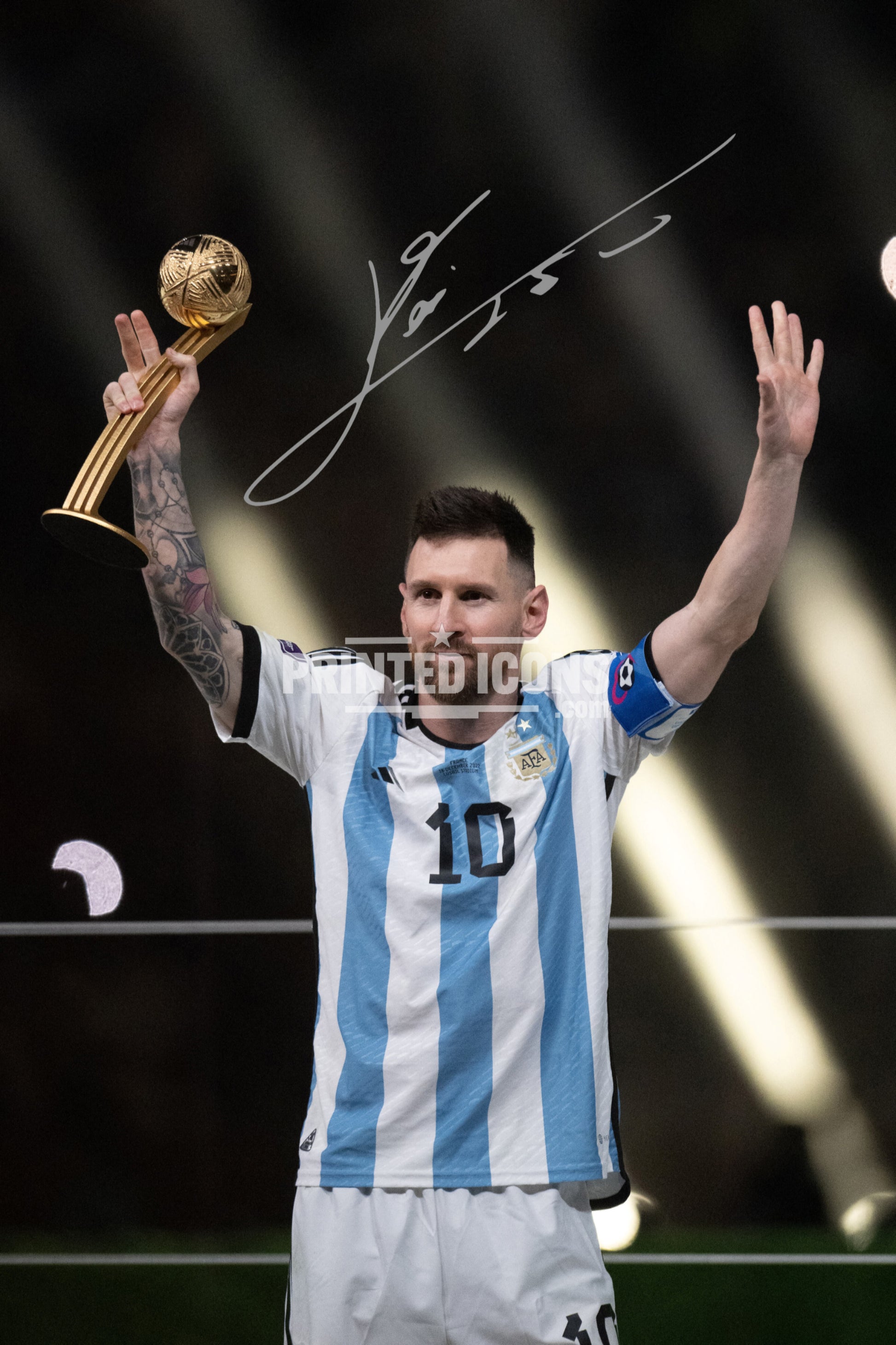 Signed (printed photo) of Lionel Messi playing for Argentina during the 2022 World Cup. He is holding the 2022 World Cup. A printed autograph taken from a genuine, certified (certificate of authenticity) autograph. A stunning signature. The print is available in a range of sizes with various framing options available.  Lionel Messi currently plays for Inter Miami but has previously played for Barcelona and PSG.