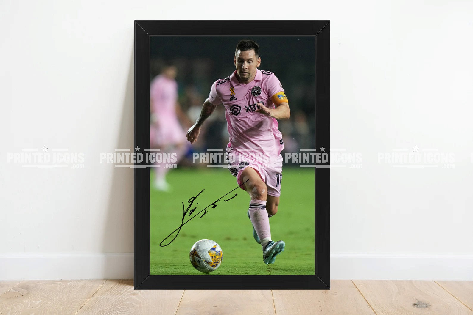 Signed (printed photo) of Lionel Messi playing for Inter Miami. A printed autograph taken from a genuine, certified (certificate of authenticity) autograph. A stunning signature. The print is available in a range of sizes with various framing options available. 