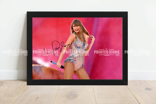 Signed (printed photo) of Taylor Swift from  her Eras Tour. A printed autograph taken from a genuine, certified (certificate of authenticity) Taylor Swift autograph. A stunning signature. The print is available in a range of sizes with various framing options available. A framed photo version is the perfect gift for any fan.