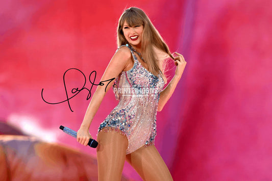 Signed (printed photo) of Taylor Swift from  her Eras Tour. A printed autograph taken from a genuine, certified (certificate of authenticity) Taylor Swift autograph. A stunning signature. The print is available in a range of sizes with various framing options available. A framed photo version is the perfect gift for any fan.