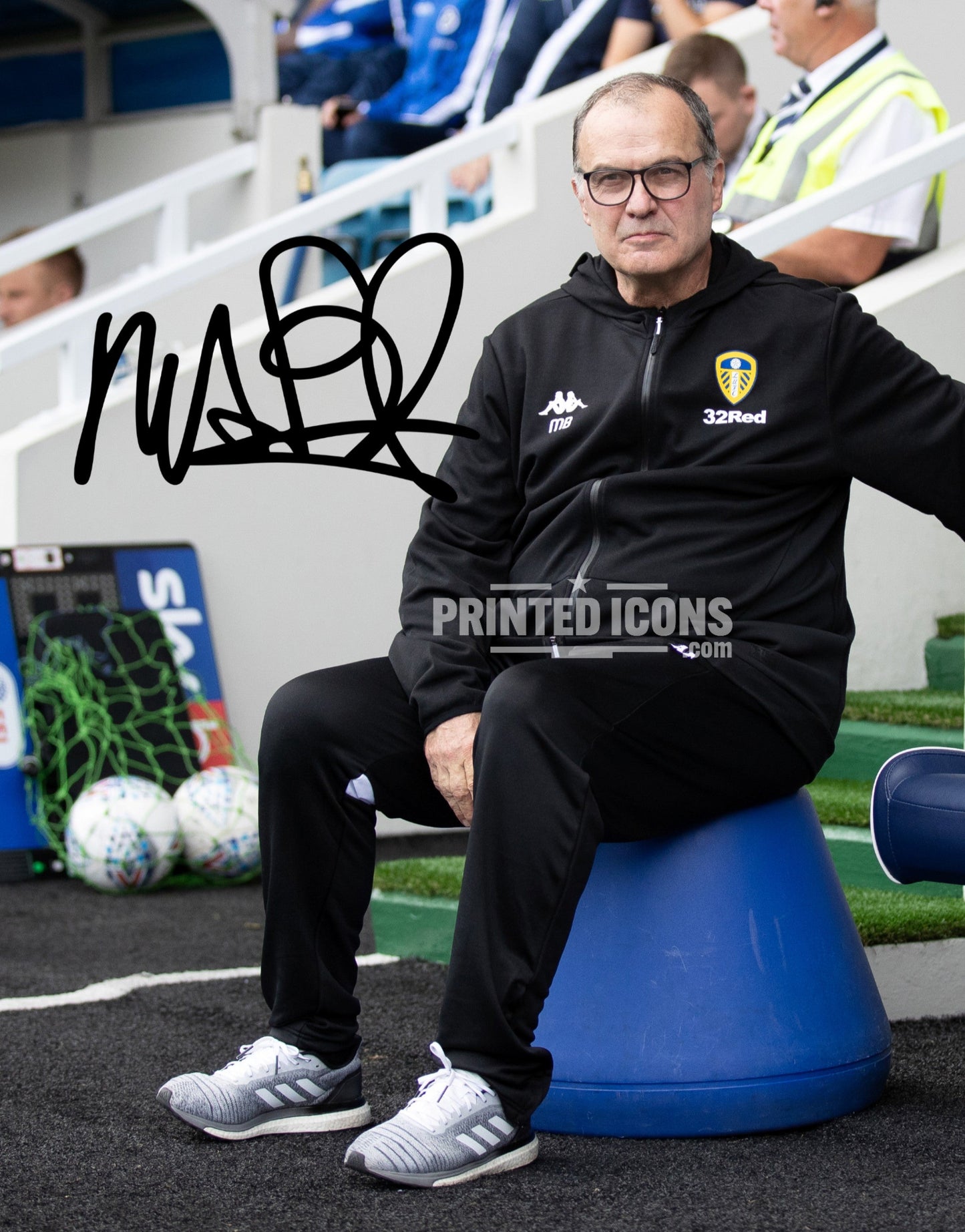 Signed (printed photo) of Marcelo Bielsa managing Leeds United. He is sitting on his iconic blue bucket. A printed autograph taken from a genuine, certified (certificate of authenticity) autograph. A stunning signature. The print is available in a range of sizes with various framing options available.  Marcelo Bielsa is famous for sitting on his iconic blue bucket. 