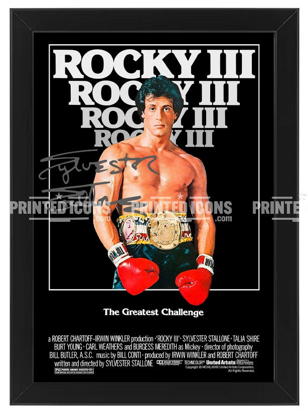 Signed (printed photo) of Sylvester Stallone from the movie Rocky Balboa. A printed autograph taken from a genuine, certified (certificate of authenticity) autograph. A stunning signature. The print is available in a range of sizes with various framing options available. 