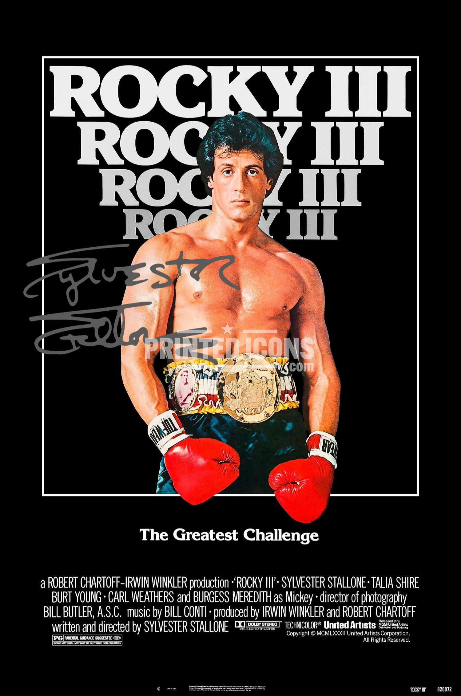 Signed (printed photo) of Sylvester Stallone from the movie Rocky Balboa. A printed autograph taken from a genuine, certified (certificate of authenticity) autograph. A stunning signature. The print is available in a range of sizes with various framing options available. 