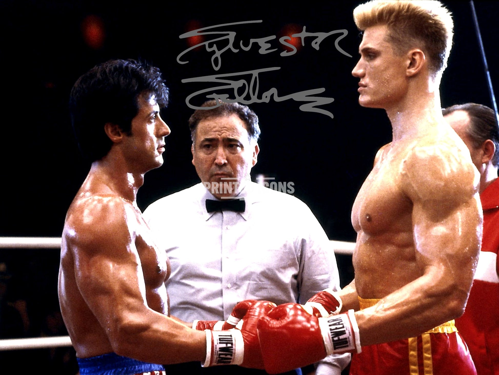 Signed (printed photo) of Sylvester Stallone from the movie Rocky Balboa. A printed autograph taken from a genuine, certified (certificate of authenticity) autograph. A stunning signature. The print is available in a range of sizes with various framing options available. 