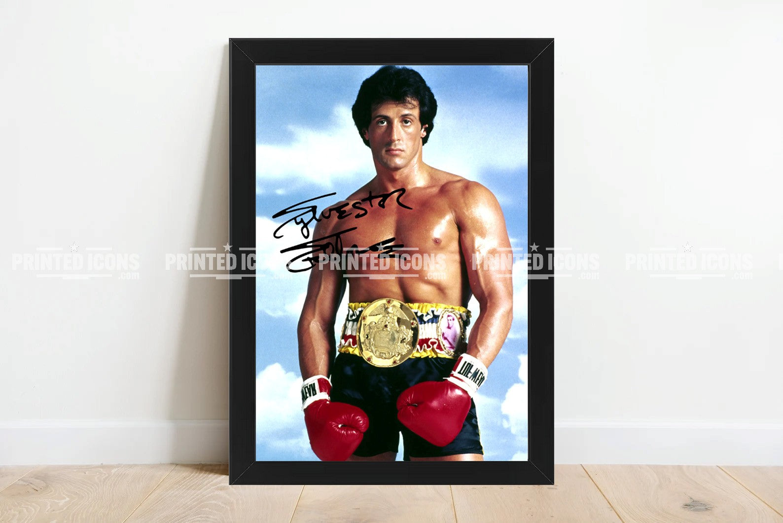 Signed (printed photo) of Sylvester Stallone from the movie Rocky Balboa. A printed autograph taken from a genuine, certified (certificate of authenticity) autograph. A stunning signature. The print is available in a range of sizes with various framing options available. 