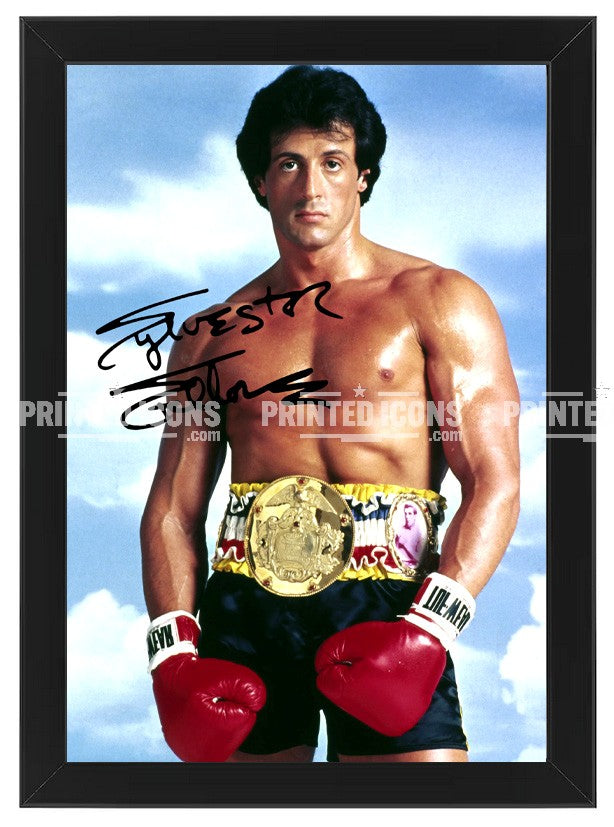 Signed (printed photo) of Sylvester Stallone from the movie Rocky Balboa. A printed autograph taken from a genuine, certified (certificate of authenticity) autograph. A stunning signature. The print is available in a range of sizes with various framing options available. 