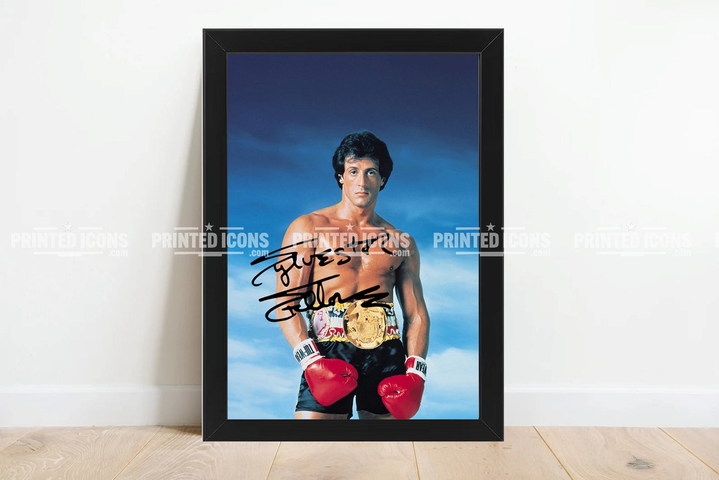 Signed (printed photo) of Sylvester Stallone from the movie Rocky Balboa. A printed autograph taken from a genuine, certified (certificate of authenticity) autograph. A stunning signature. The print is available in a range of sizes with various framing options available. 