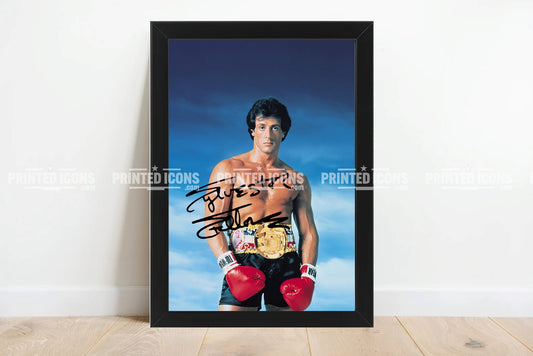 Signed (printed photo) of Sylvester Stallone from the movie Rocky Balboa. A printed autograph taken from a genuine, certified (certificate of authenticity) autograph. A stunning signature. The print is available in a range of sizes with various framing options available. 