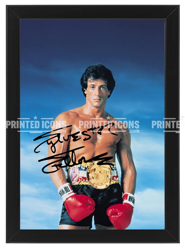 Signed (printed photo) of Sylvester Stallone from the movie Rocky Balboa. A printed autograph taken from a genuine, certified (certificate of authenticity) autograph. A stunning signature. The print is available in a range of sizes with various framing options available. 