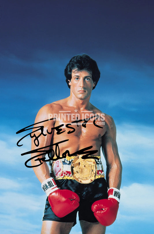 Signed (printed photo) of Sylvester Stallone from the movie Rocky Balboa. A printed autograph taken from a genuine, certified (certificate of authenticity) autograph. A stunning signature. The print is available in a range of sizes with various framing options available. 
