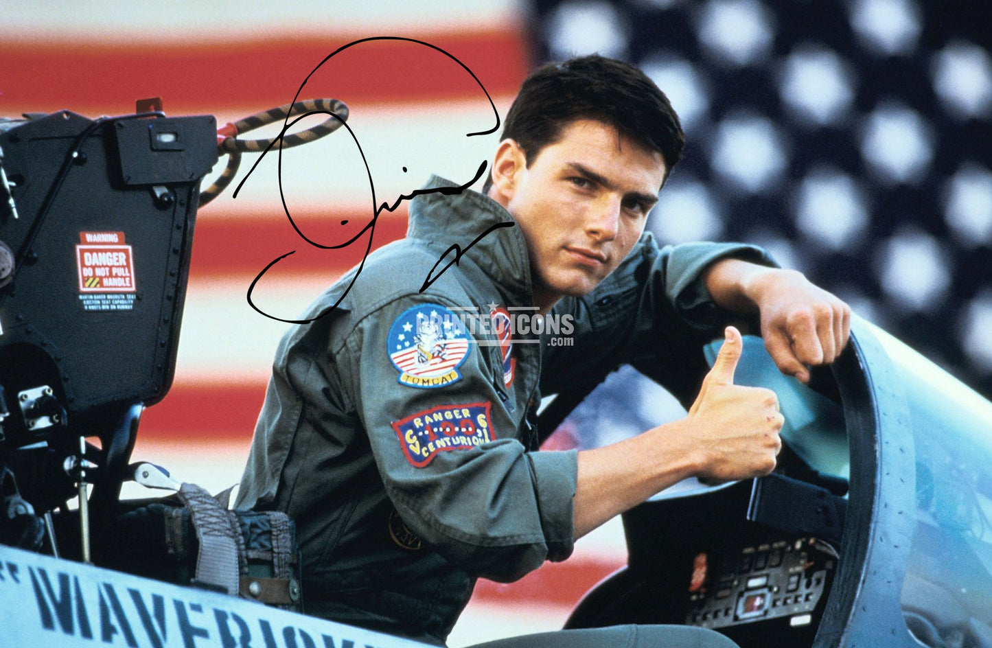 Signed (printed photo) of Tom Cruise in the iconic film Top Gun. A printed autograph taken from a genuine, certified (certificate of authenticity) autograph. A stunning signature. The print is available in a range of sizes with various framing options available. 