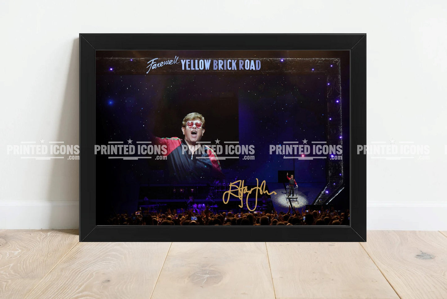 Signed (printed photo) of Elton John. A printed autograph taken from a genuine, certified (certificate of authenticity) autograph. A stunning signature. The print is available in a range of sizes with various framing options available. Yellow Brick Road final tour.