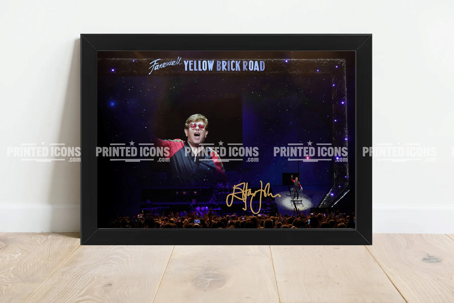 Signed (printed photo) of Elton John. A printed autograph taken from a genuine, certified (certificate of authenticity) autograph. A stunning signature. The print is available in a range of sizes with various framing options available. Yellow Brick Road final tour.