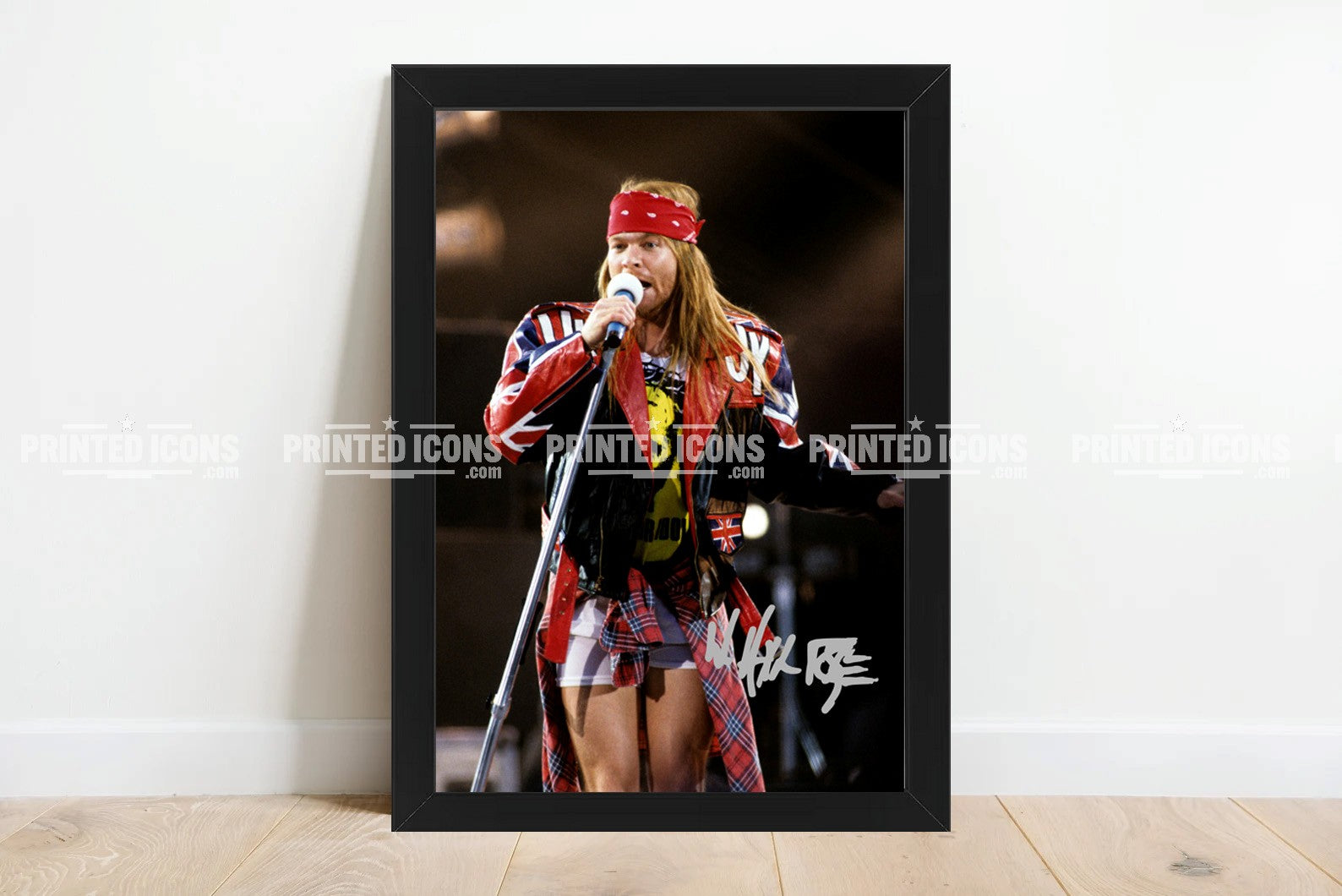 Signed (printed photo) of Guns N Roses. Printed signatures of Axl Rose. A printed autograph taken from a genuine, certified (certificate of authenticity) autograph. A stunning signature. The print is available in a range of sizes with various framing options available. 