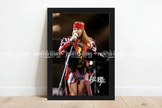 Signed (printed photo) of Guns N Roses. Printed signatures of Axl Rose. A printed autograph taken from a genuine, certified (certificate of authenticity) autograph. A stunning signature. The print is available in a range of sizes with various framing options available. 
