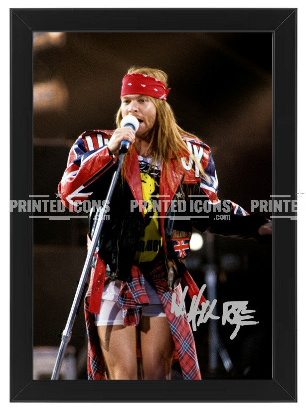Signed (printed photo) of Guns N Roses. Printed signatures of Axl Rose. A printed autograph taken from a genuine, certified (certificate of authenticity) autograph. A stunning signature. The print is available in a range of sizes with various framing options available. 