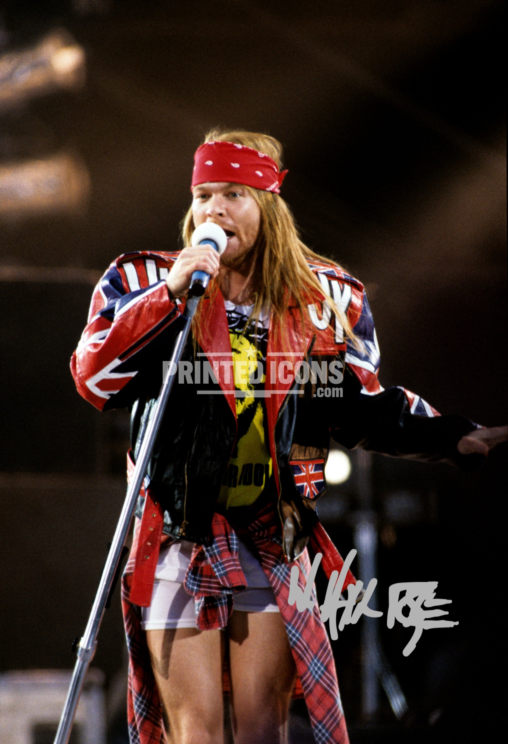 Signed (printed photo) of Guns N Roses. Printed signatures of Axl Rose. A printed autograph taken from a genuine, certified (certificate of authenticity) autograph. A stunning signature. The print is available in a range of sizes with various framing options available. 