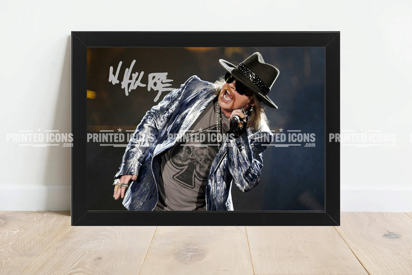 Signed (printed photo) of Guns N Roses. Printed signatures of Axl Rose. A printed autograph taken from a genuine, certified (certificate of authenticity) autograph. A stunning signature. The print is available in a range of sizes with various framing options available. 
